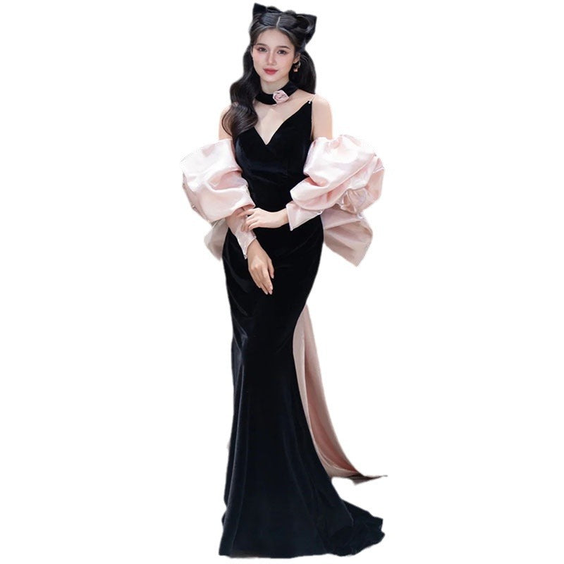 Black Evening Dress Women's High-Grade Bride Toasting Party Dress 2024 New Light Luxury Velvet Host Fishtail Dress