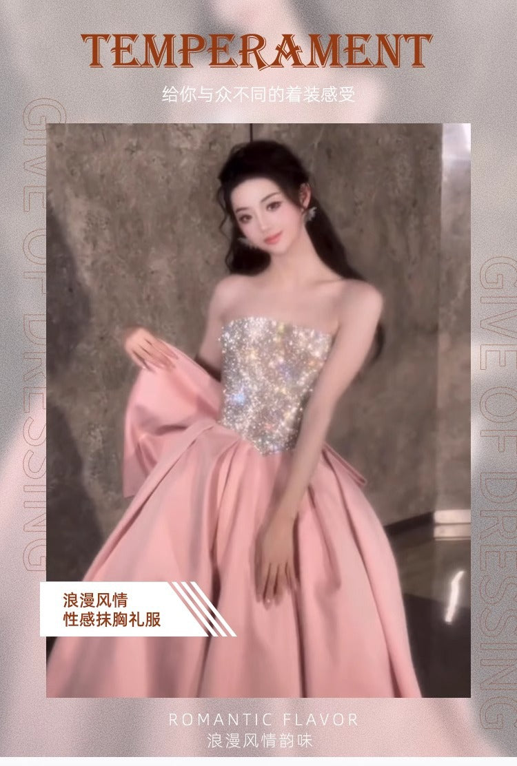 Pink Evening Dress for Women 2024 New High-Grade Tube Top Banquet Temperament Host Birthday Dress 18-Year-Old Adult Ceremony