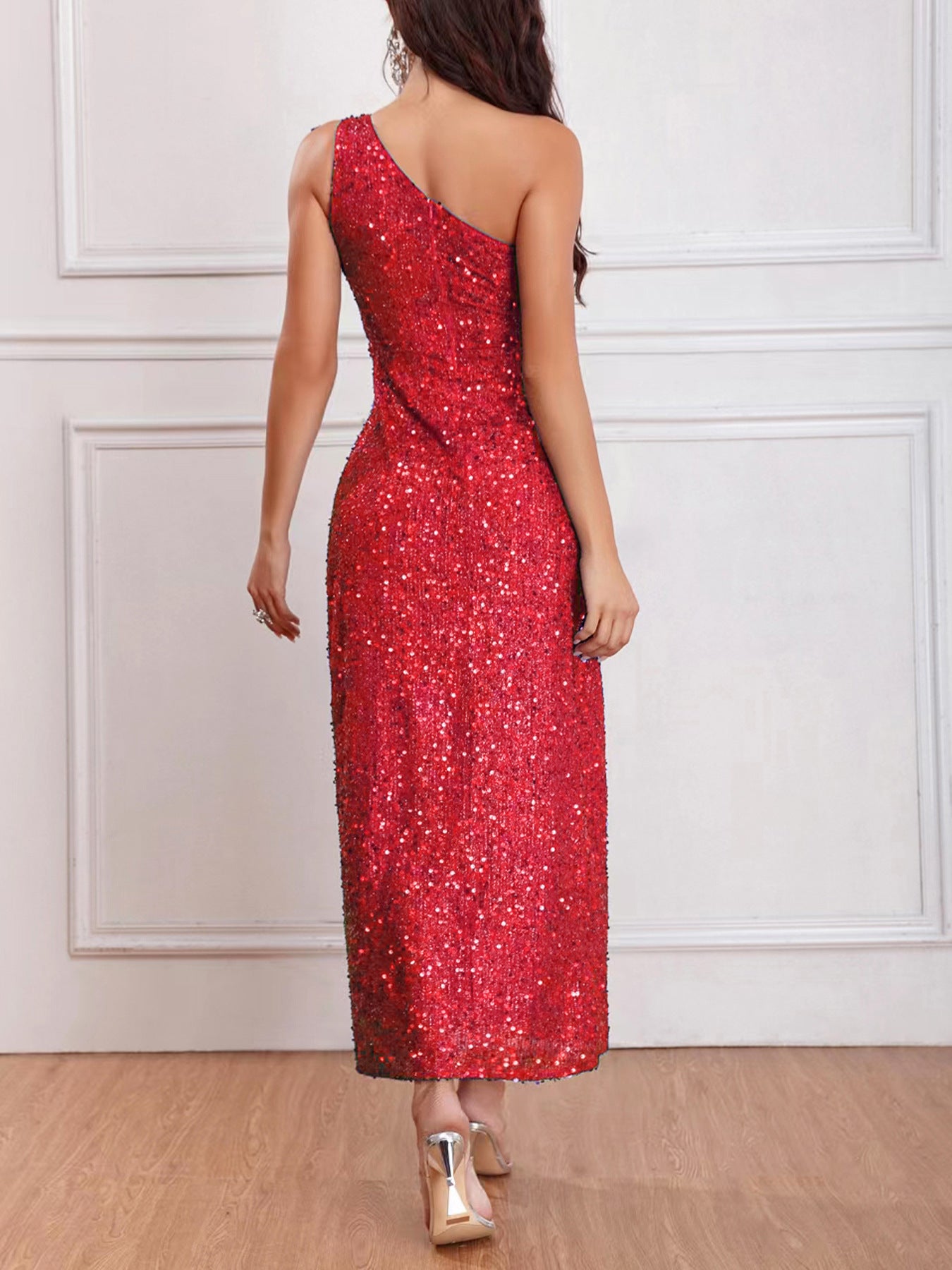 European and American Style New Women's Clothing 2024 Spring Fashionable Sequins Shoulder Sleeveless Split Dress Solid Color Foreign Trade Wholesale