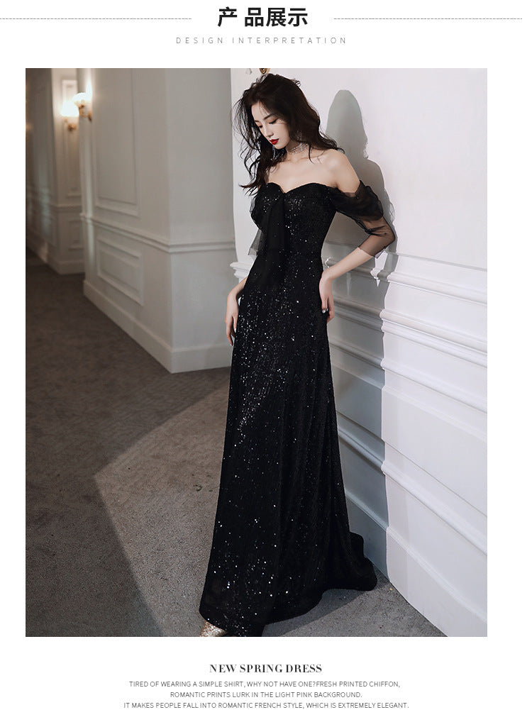 Black Evening Dress Host French Style 2024 New Women's Banquet Temperament Daily Style Slimming Queen Dress