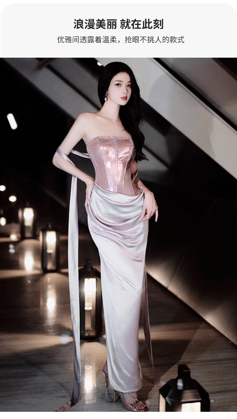 Pink Toast Clothing Morning Gowns 2024 New High Sense Banquet Temperament Host Tube Top Bride Engagement Formal Dress Female