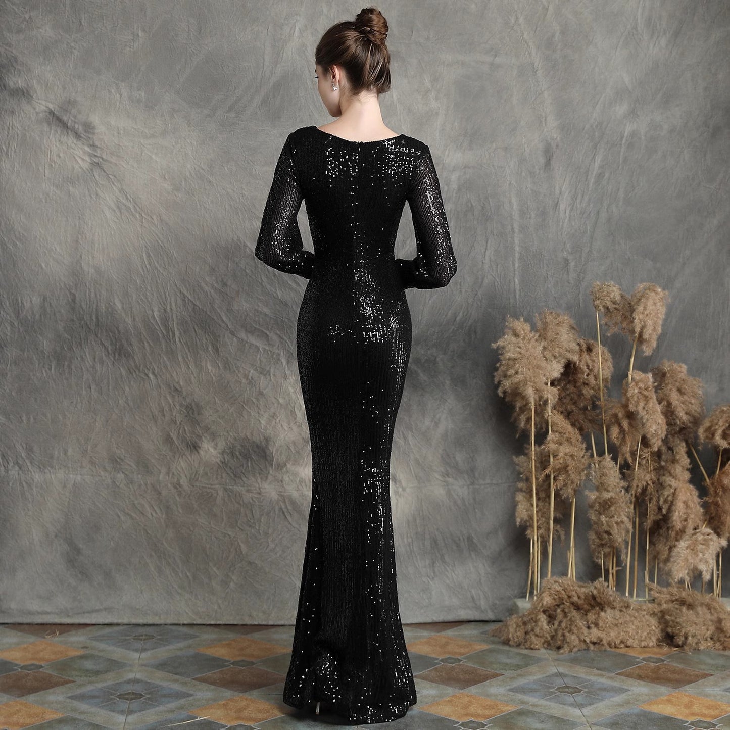 4645 Sequined Evening Dress New High-End Toast Dress Sexy Deep V Temperament Fishtail Host Banquet Dress