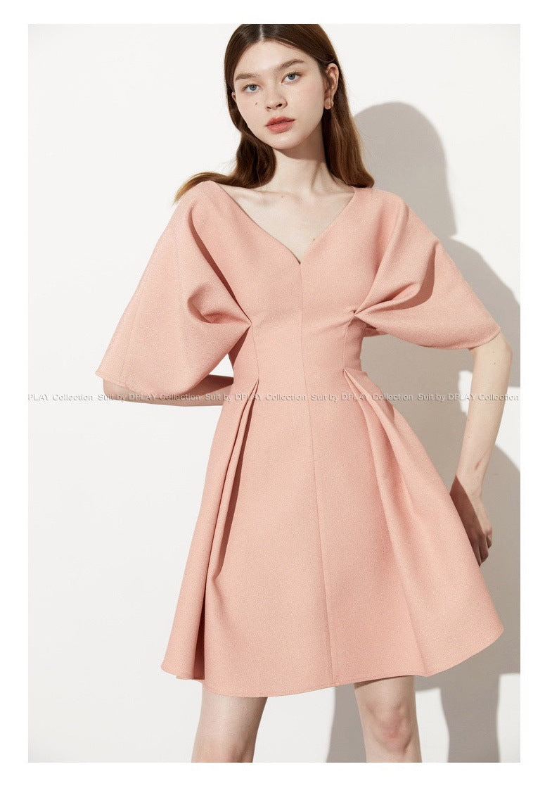 Tanglimei 2024 Spring/Summer Fitted Waist Pleated Slim-Fit Formal Dress Pink Western Style Girly Temperamental Skirt Daily Style