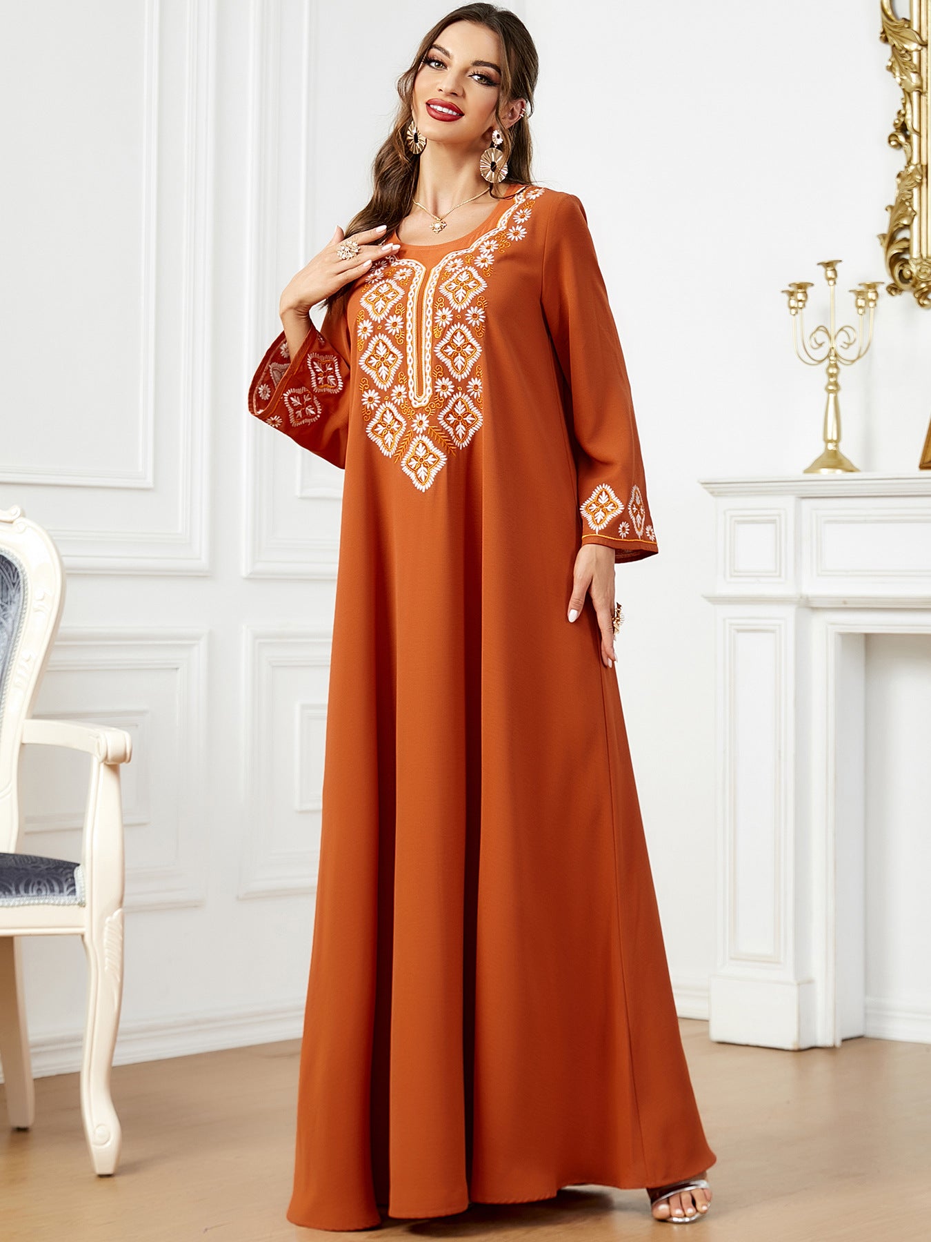 3567 Muslim Women's Wear Solid Color Embroidery Muslim Middle East Women's Clothing Arab Dress Long Sleeve Dress