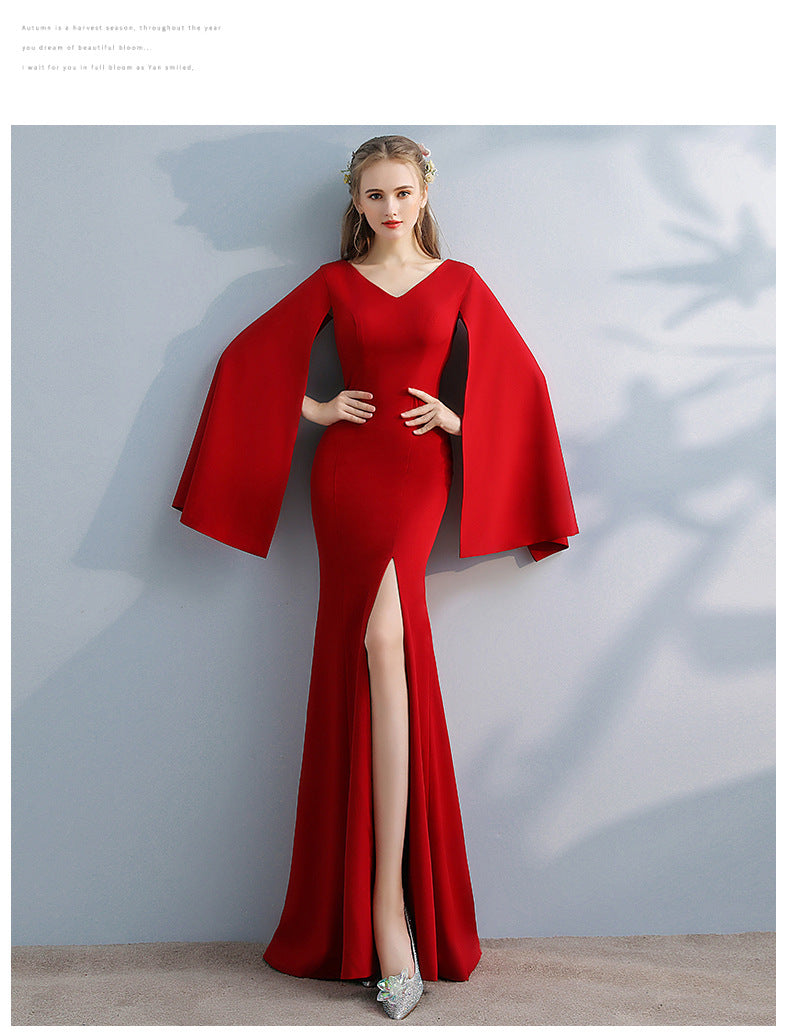 Banquet Dress Bridal Long Sleeve Satin Black Red Fishtail Long Style Long Sleeve Elegant Evening Dresses H18293