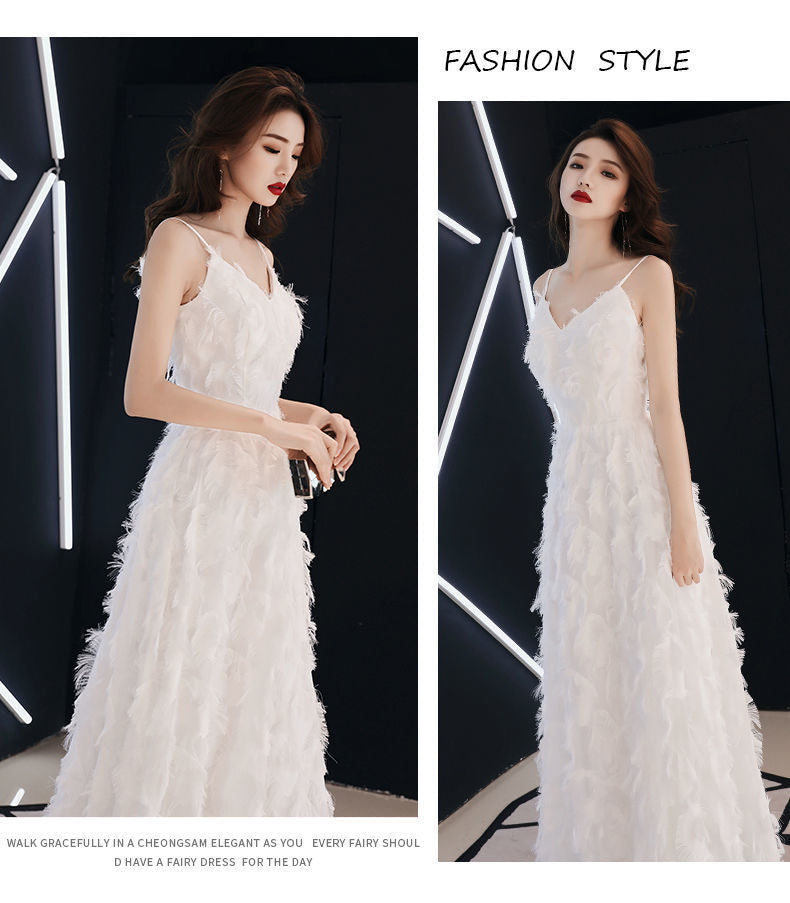 2024 Little Evening Dress Female White Elegant Graceful Fairy Banquet Birthday Party Host Everyday Dress Long