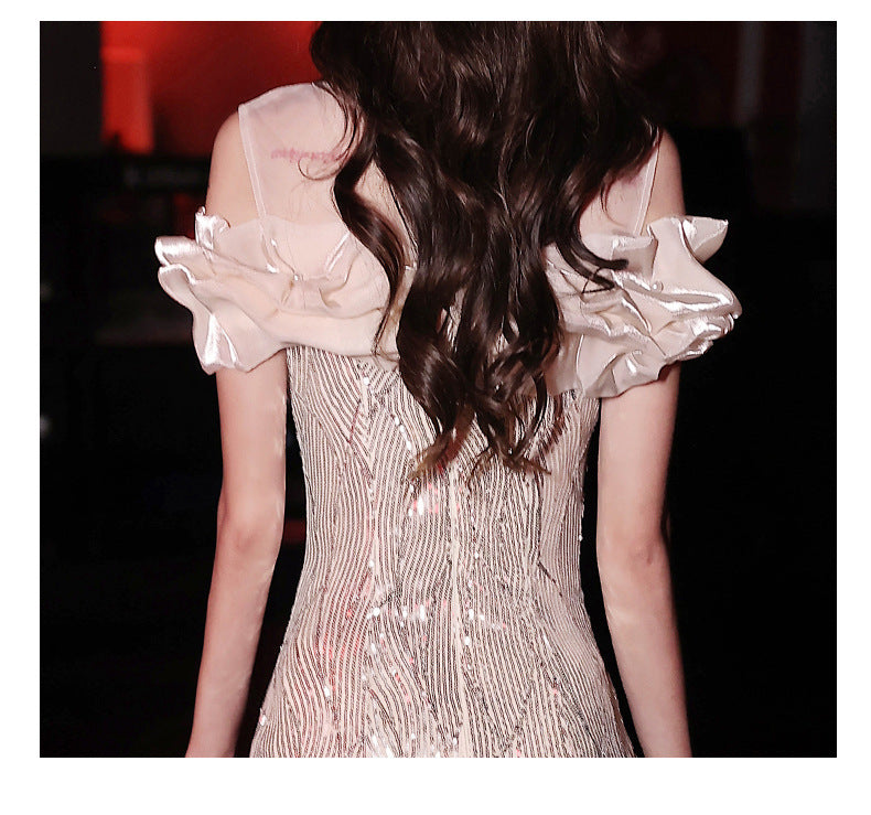 Fishtail Evening Dress 2024 New Sequined off-Shoulder Light Luxury Minority Host Banquet Heavy Work Waist-Tight Evening Dress