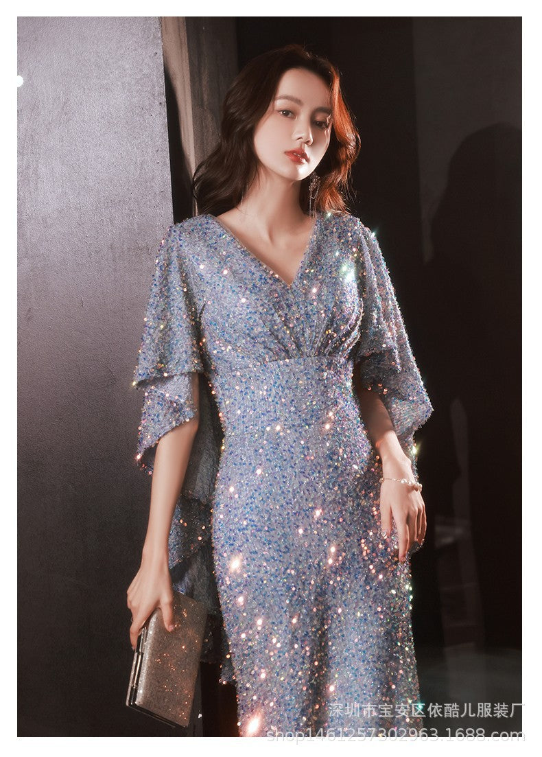 Shiny Evening Dress for Women Banquet Temperament High-End Affordable Luxury Niche High-Grade Sequined French Annual Meeting Host