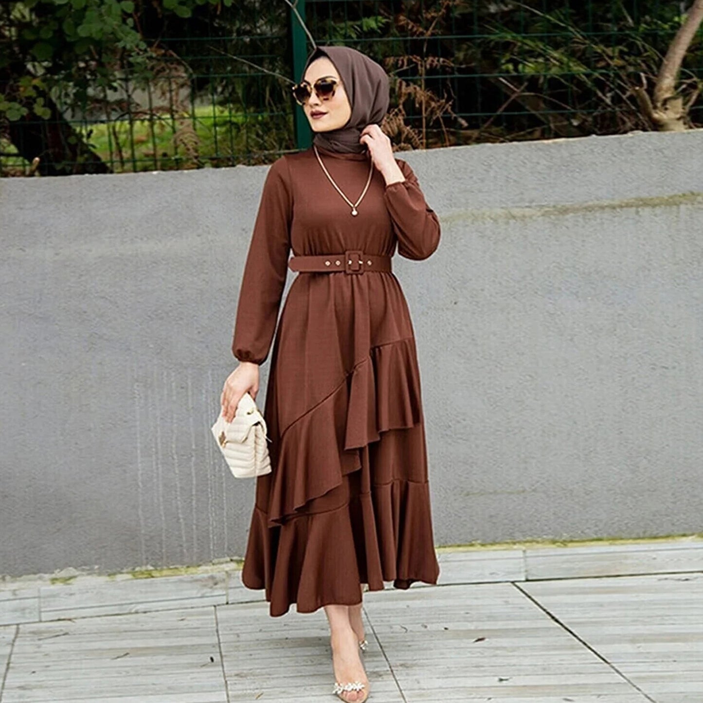 2207# Middle East Women's Clothing Turkey Explosion Long Dress Muslim Dress Double Layer Ruffled Waist Dress