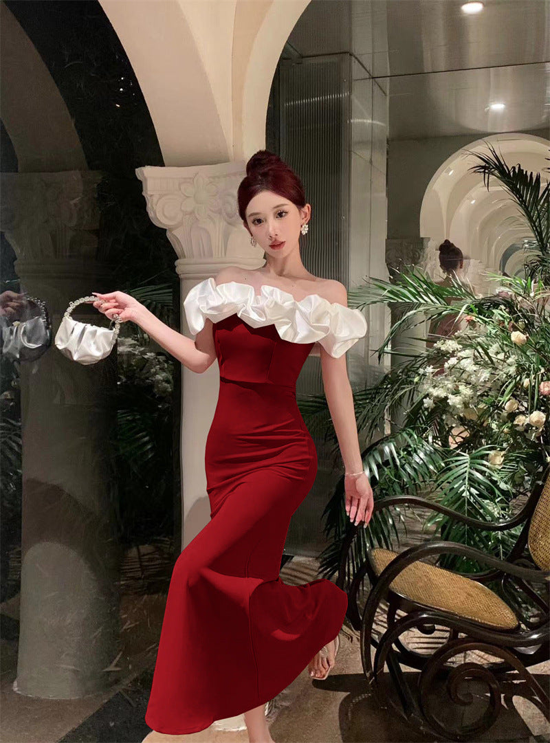 2883 Cross-Border Foreign Trade Women's Clothing Wholesale Southeast Asia off-Shoulder Contrast Color Evening Dress Temperament Slimming Fishtail Dress