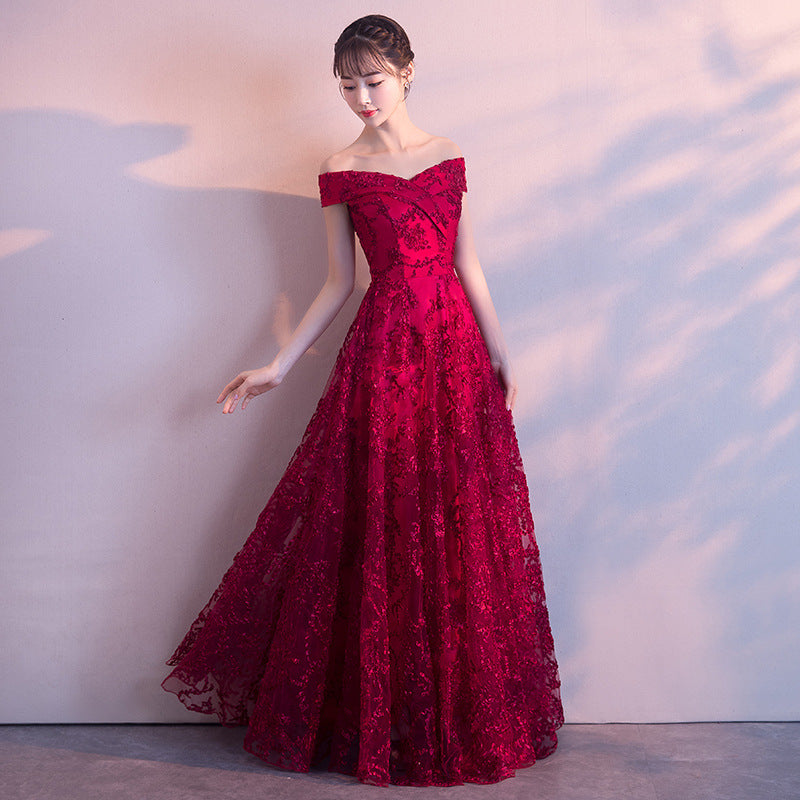 2024 New Summer Red Lace Off-Shoulder Long Slimming Wedding Evening Dress for Bride