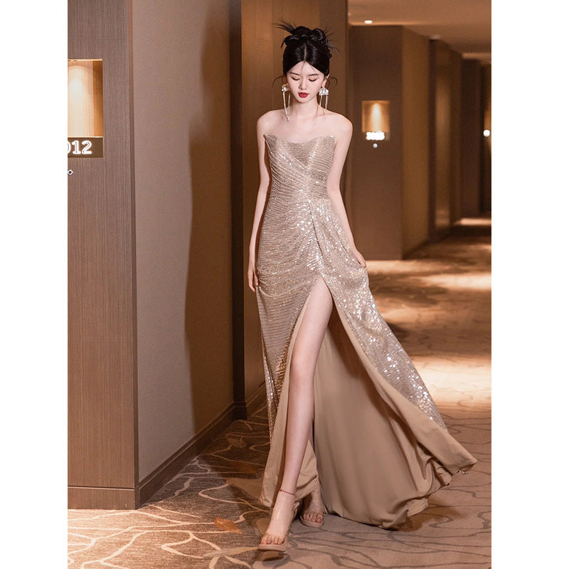 Sequined Tube Top Toast Dress Bride Engagement Fishtail Host Temperament Banquet Female Socialite High-Grade Evening Dress