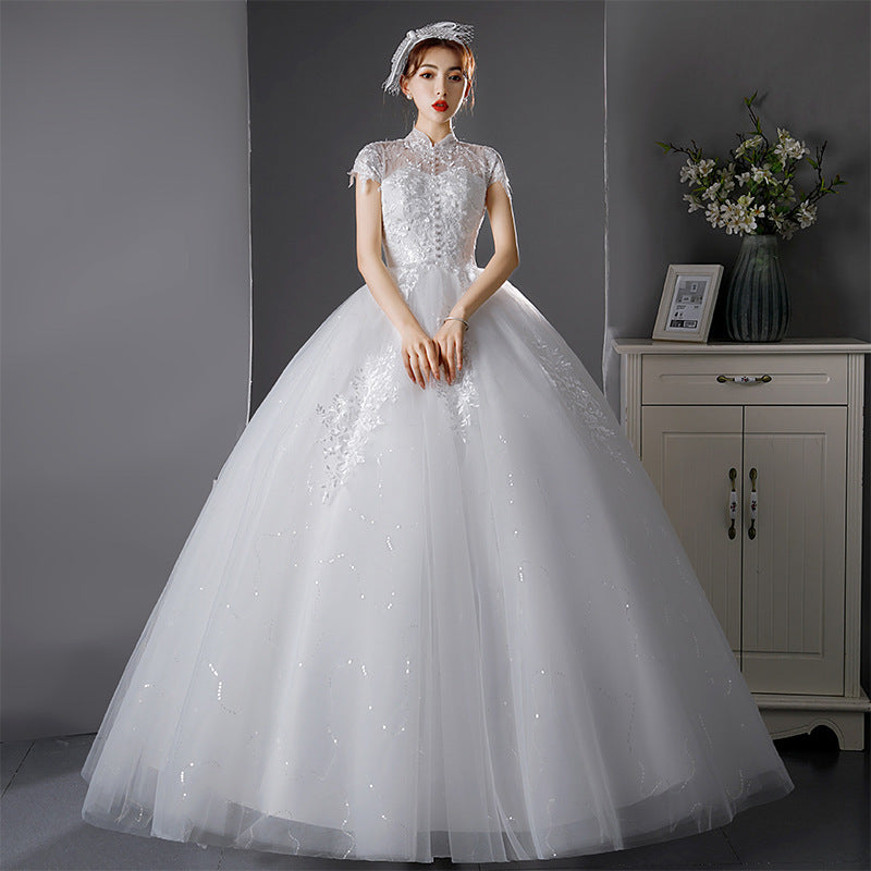 French Light Wedding Dress 2024 New Princess Style Floor-Length Graceful Stand Collar Female Bride Wedding Dress Super Fairy Mori Style Summer