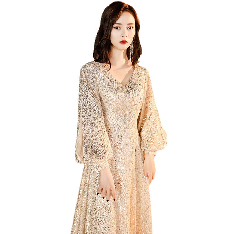 Factory Supply Evening Dress 2024 New Autumn and Winter Long Long Sleeve V-neck Sequins Champagne Annual Party Evening Dress