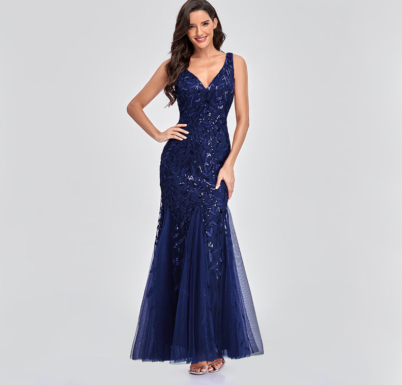 New 2023 Dress Sexy Dress Sleeveless V-neck Embroidery Sequin Slim Fishtail Bridesmaid Evening Dress for Women