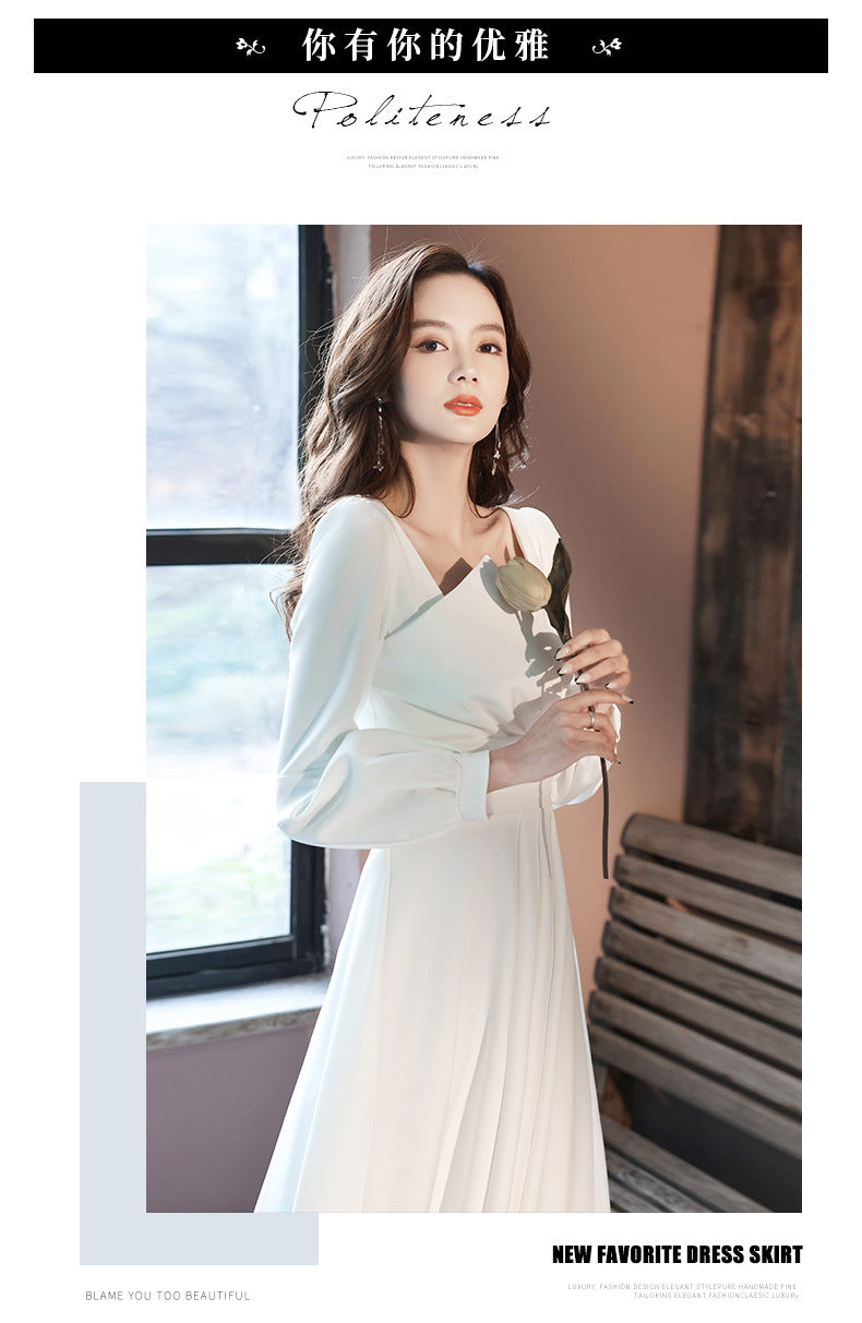 2024 Spring White Dress High-End Wedding Party Simple Graceful Square Collar Dress Spring and Autumn Women