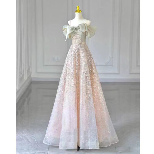 Pink Sequin Evening Dress Banquet Dress 2024 New Long Minority Fashion Engagement Toast Dress Bride