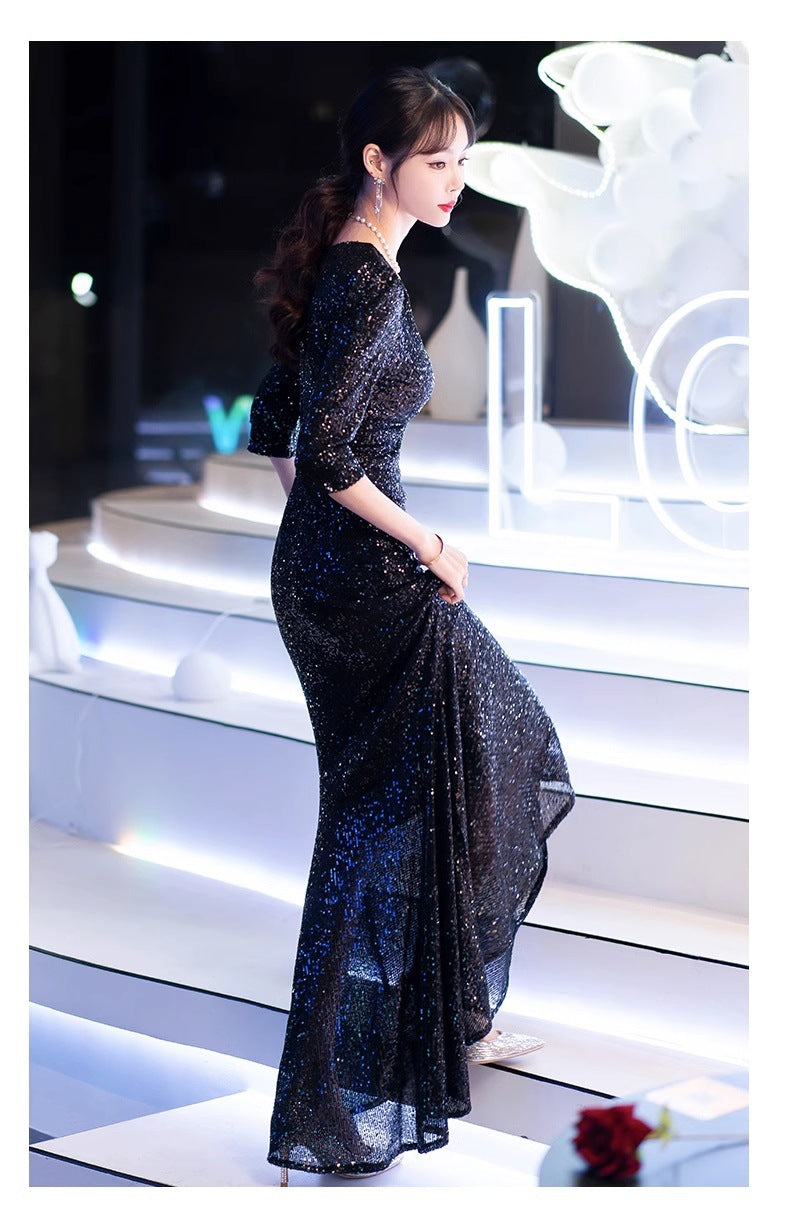 Black Evening Dress Light Luxury Female 2024 New Host Art Exam Sequined Fishtail Dress Summer Bridesmaid Dress