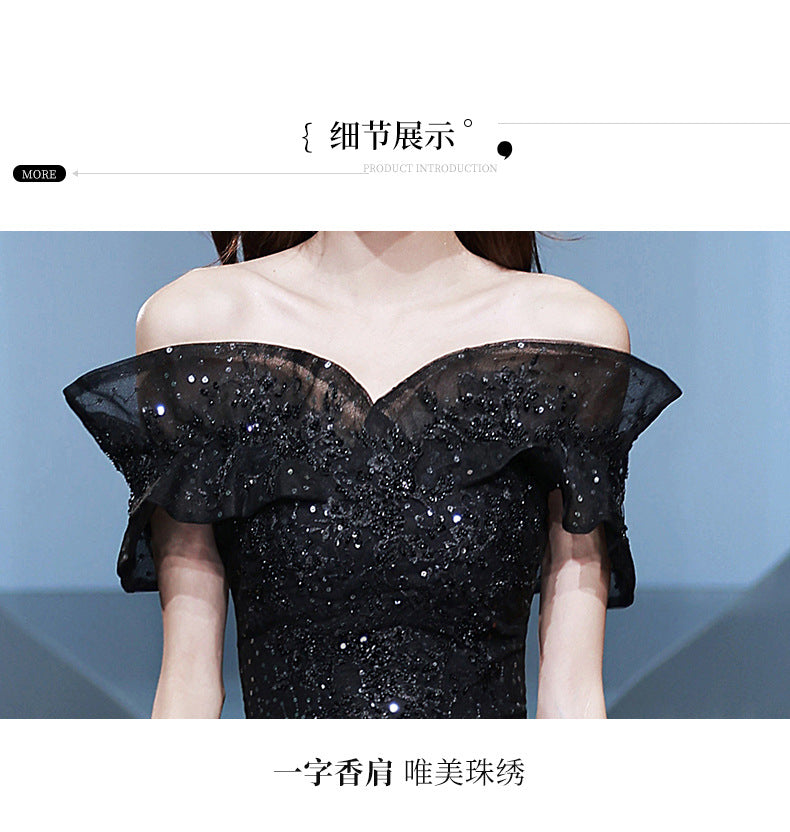 Banquet Small Evening Dress Dress Women's Sexy Charming Black Wedding Dress Birthday off-Shoulder Host Adult Ceremony