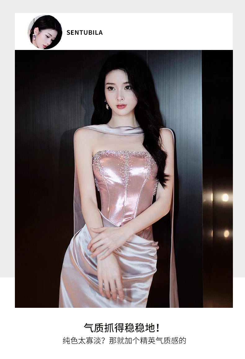 Pink Toast Clothing Morning Gowns 2024 New High Sense Banquet Temperament Host Tube Top Bride Engagement Formal Dress Female