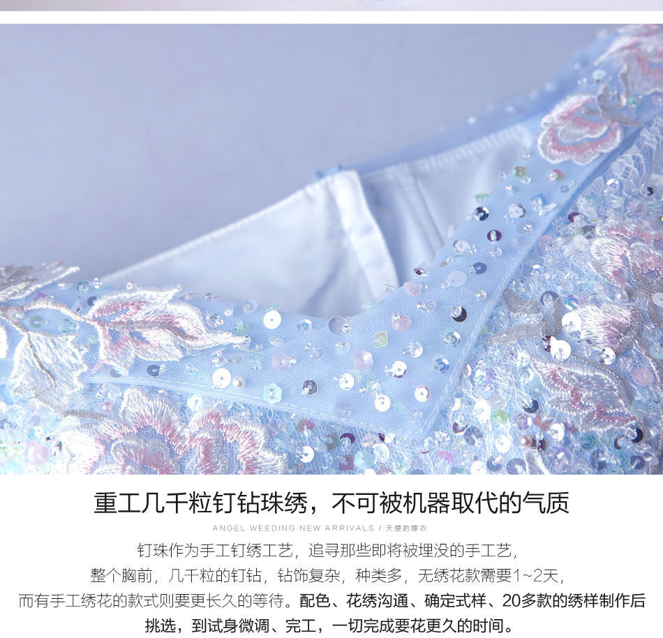 Super Fairy Wedding Dress 2024 Autumn Blue Flower Art Exam Catwalk Fashion Trend Foreign Trade Banquet Evening Dress for Women