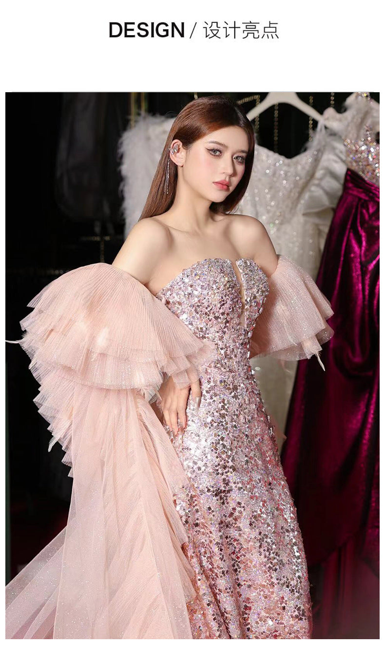 Women's Tube Top Evening Dress Light Luxury Minority Pink Sequin Host's Dress Toast Dress Bride Engagement Formal Dress Morning Gowns