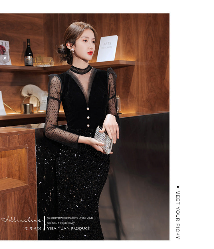 Black Velvet Evening Dress 2024 New Temperament Banquet Fishtail Vocal Dress Art Exam Long Sleeve Host Clothing