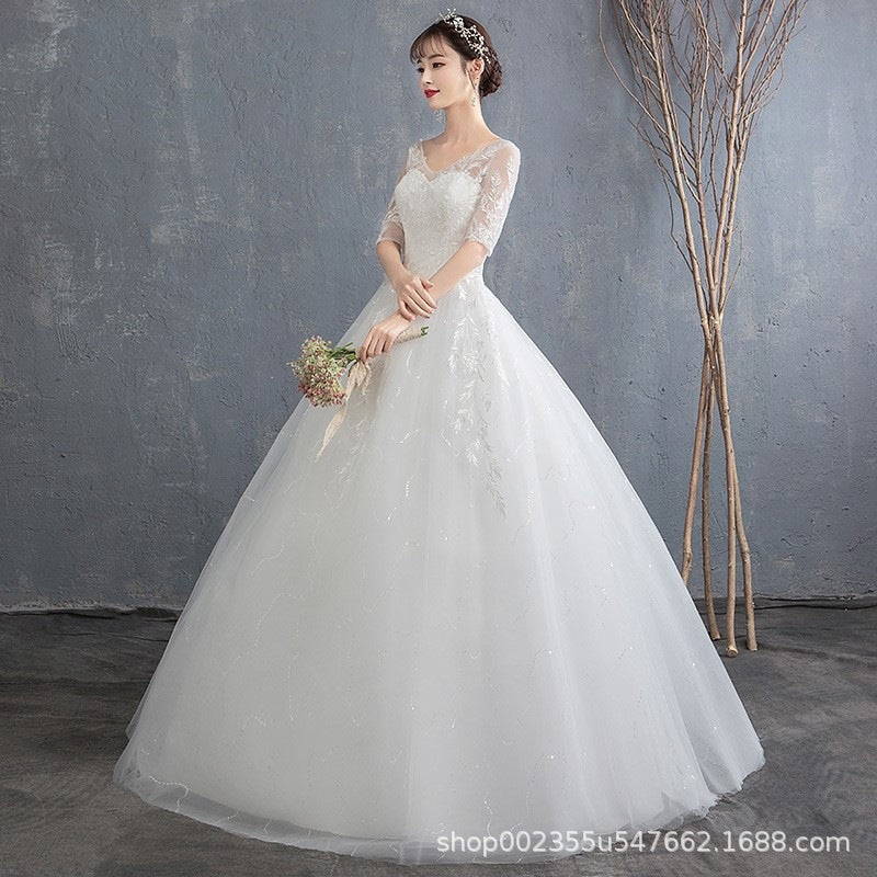 Tiktok Main Wedding Dress 2022 New V-neck Sexy Bridal Wedding Half Sleeve Floor-Length White Simple Lace Slimming Women