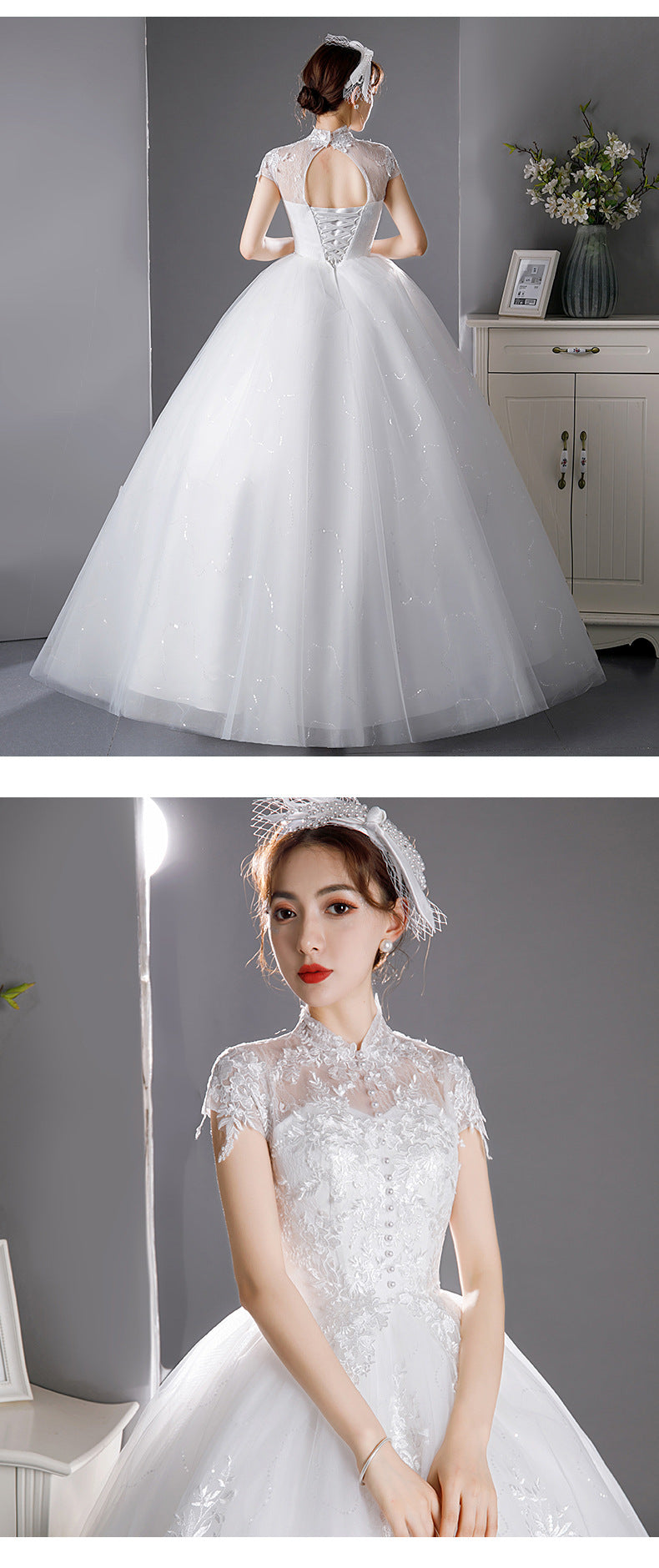 French Light Wedding Dress 2024 New Princess Style Floor-Length Graceful Stand Collar Female Bride Wedding Dress Super Fairy Mori Style Summer