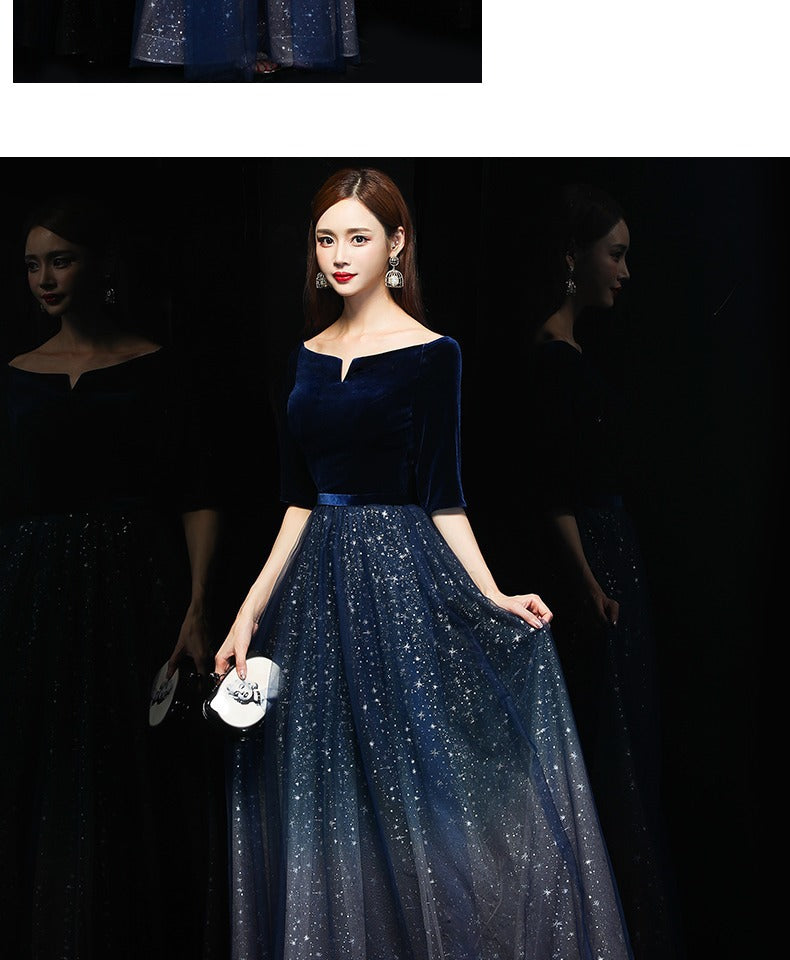 Host Evening Dress Women 2024 New Autumn off-Shoulder Banquet Queen Long Choir Costumes Women