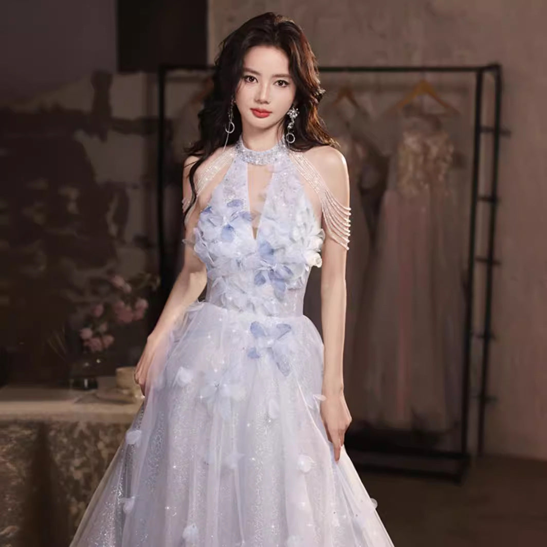 Wedding Dress Evening Dress for Women Light Luxury Minority High-End Blue Graduation High School Beautiful Umbrella Princess Dress Adult Ceremony Girl