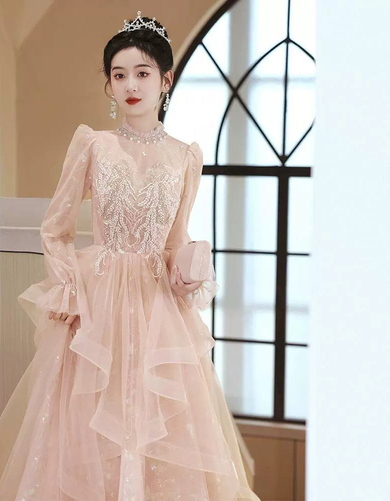 Evening Dresses Gala For Women Party Banquet Host Pink Princess Long Sleeve Embroidery Flower Fairy Dress H800