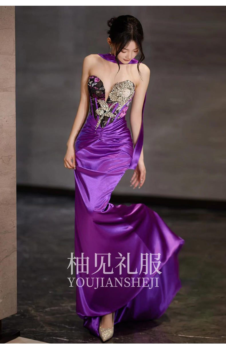 New Chinese Style Morning Gowns Women's 2024 New Design Sense Niche Bride Engagement Skirt Small Size in Purple Trailing Tube Top Toast Clothing