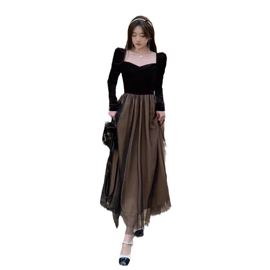 Black Vintage Velvet Dress Women's Autumn and Winter French Temperament Socialite Slim Fit Cinched Mesh Dress Long Skirt