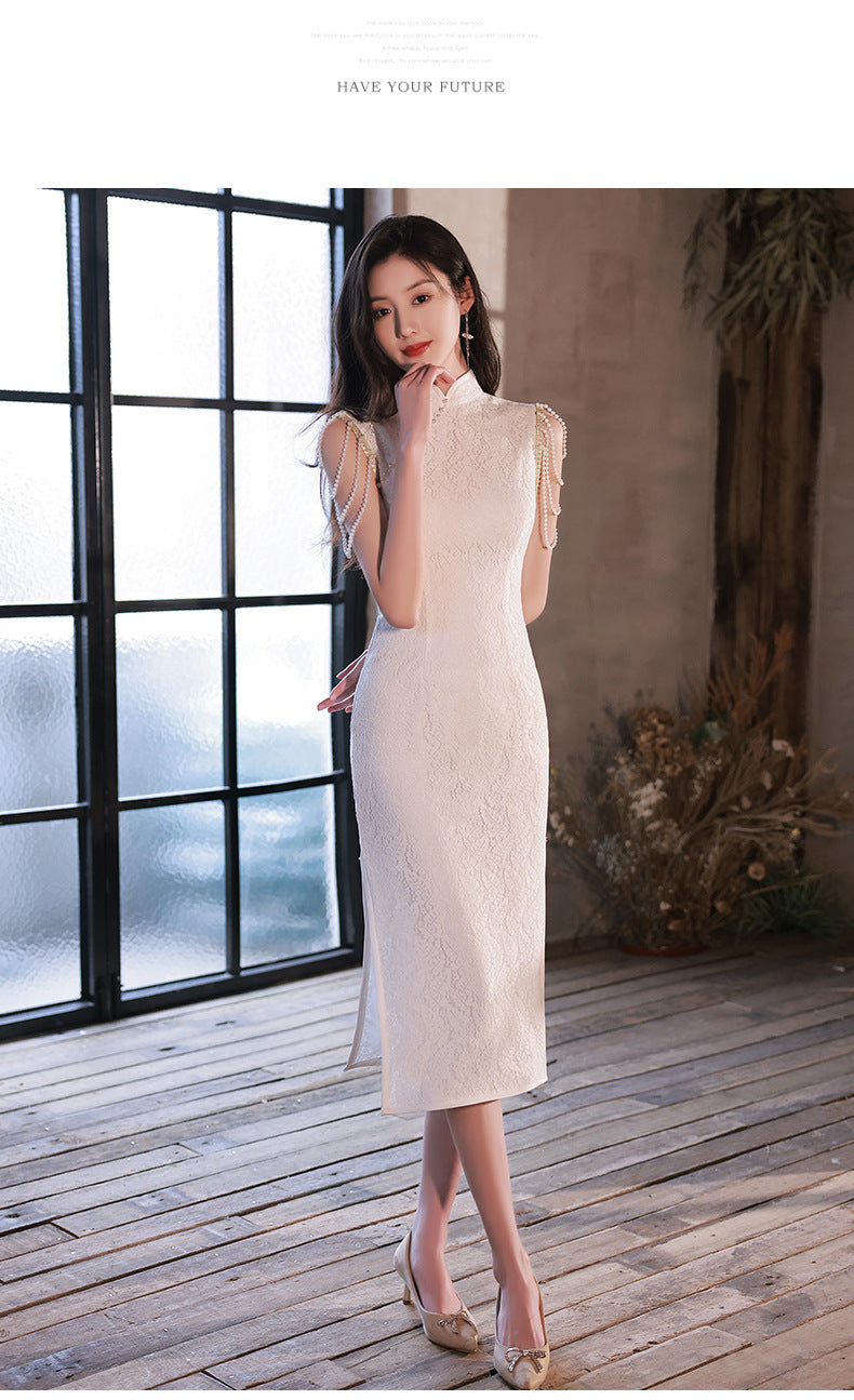 2024 New Cheongsam Little Evening Dress Dress Spring White Birthday Engagement License Registration Daily Style