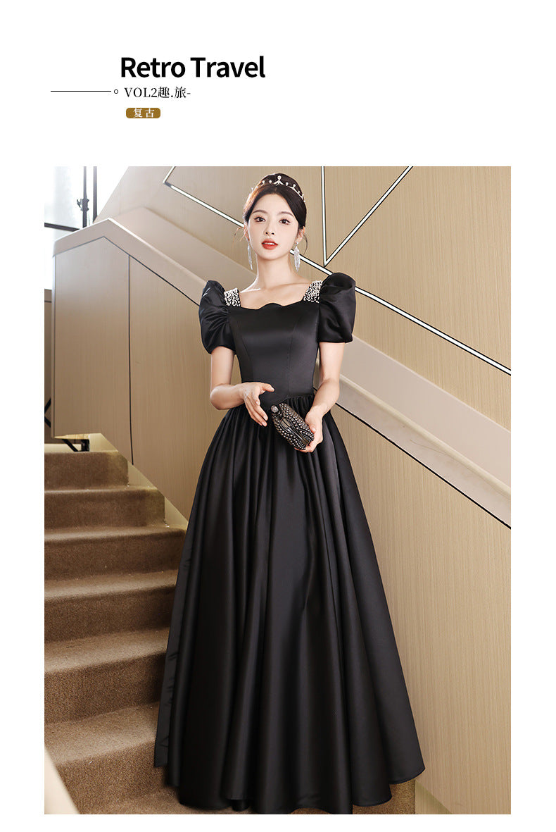 Black Evening Dress Women's Satin High Sense High-End Affordable Luxury Niche Banquet Adult Ceremony Temperament Host Art Test