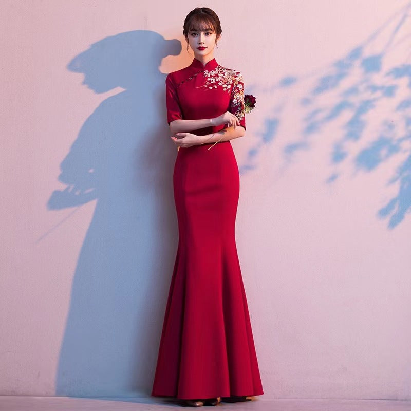 Cheongsam Dress High Collar Chinese Toast Gown Bride Female Chinese Style Retro Red China Wedding Dress H8923