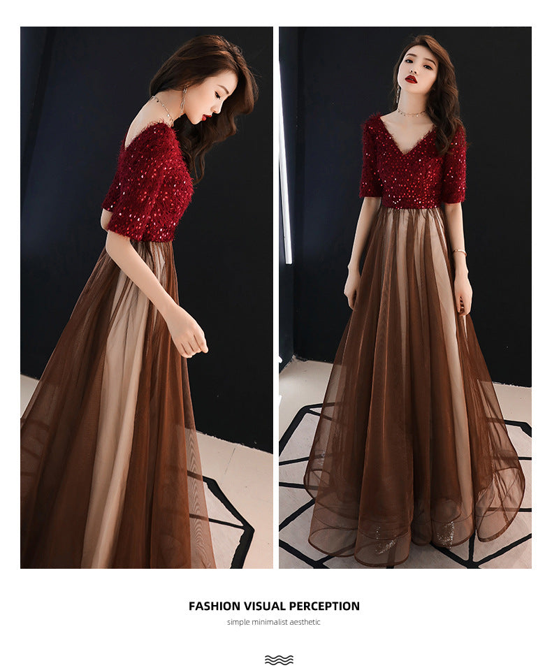 Summer Evening Dress for Women Banquet Temperament Annual Meeting Long Style 2024 New Modern Socialite Host Wine Red Autumn