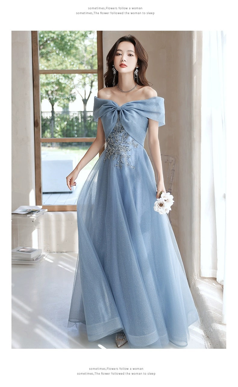 off-Shoulder Blue Evening Dress for Women Banquet Temperament French Entry Lux Niche High-End Host Art Exam Chorus Clothing