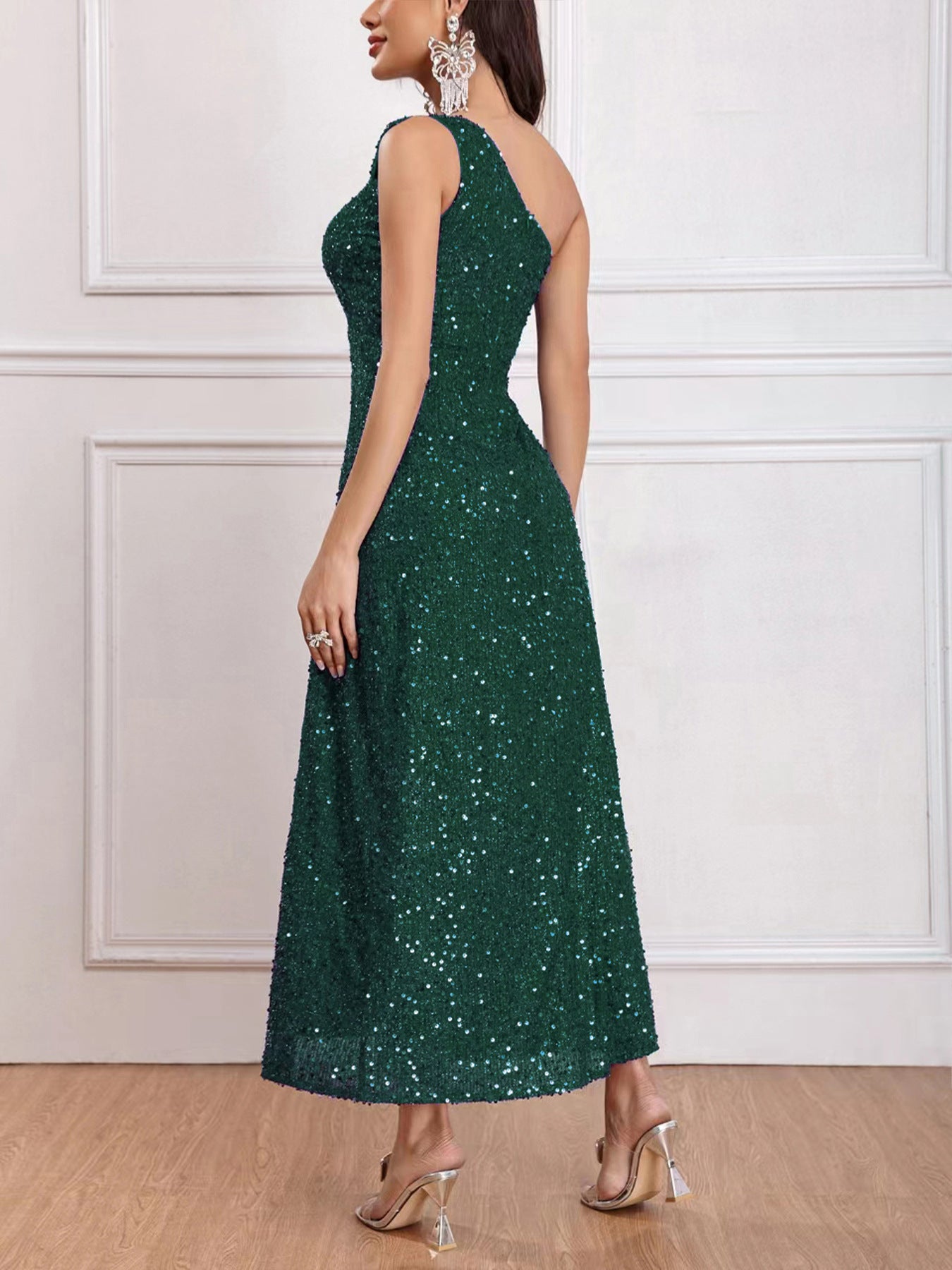 European and American Style New Women's Clothing 2024 Spring Fashionable Sequins Shoulder Sleeveless Split Dress Solid Color Foreign Trade Wholesale