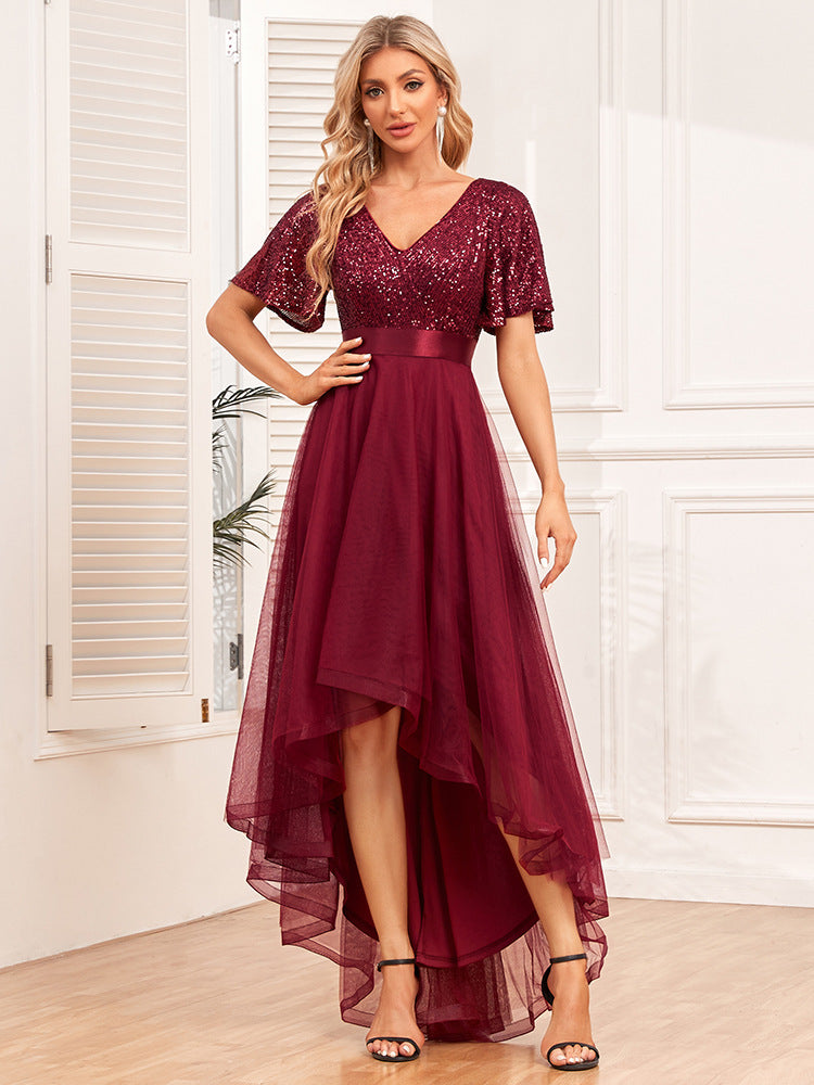 New Elastic Waist Stitching Elegant V-neck Ruffled Short Sleeves Evening Dress Swing Word Fluffy Tulle Irregular Long Dress