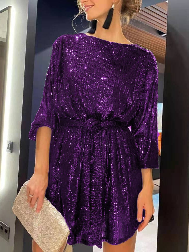 European and American Independent Station round Neck Tied Festival Party Bling Beaded Dress Elegant Sequin Formal Dress