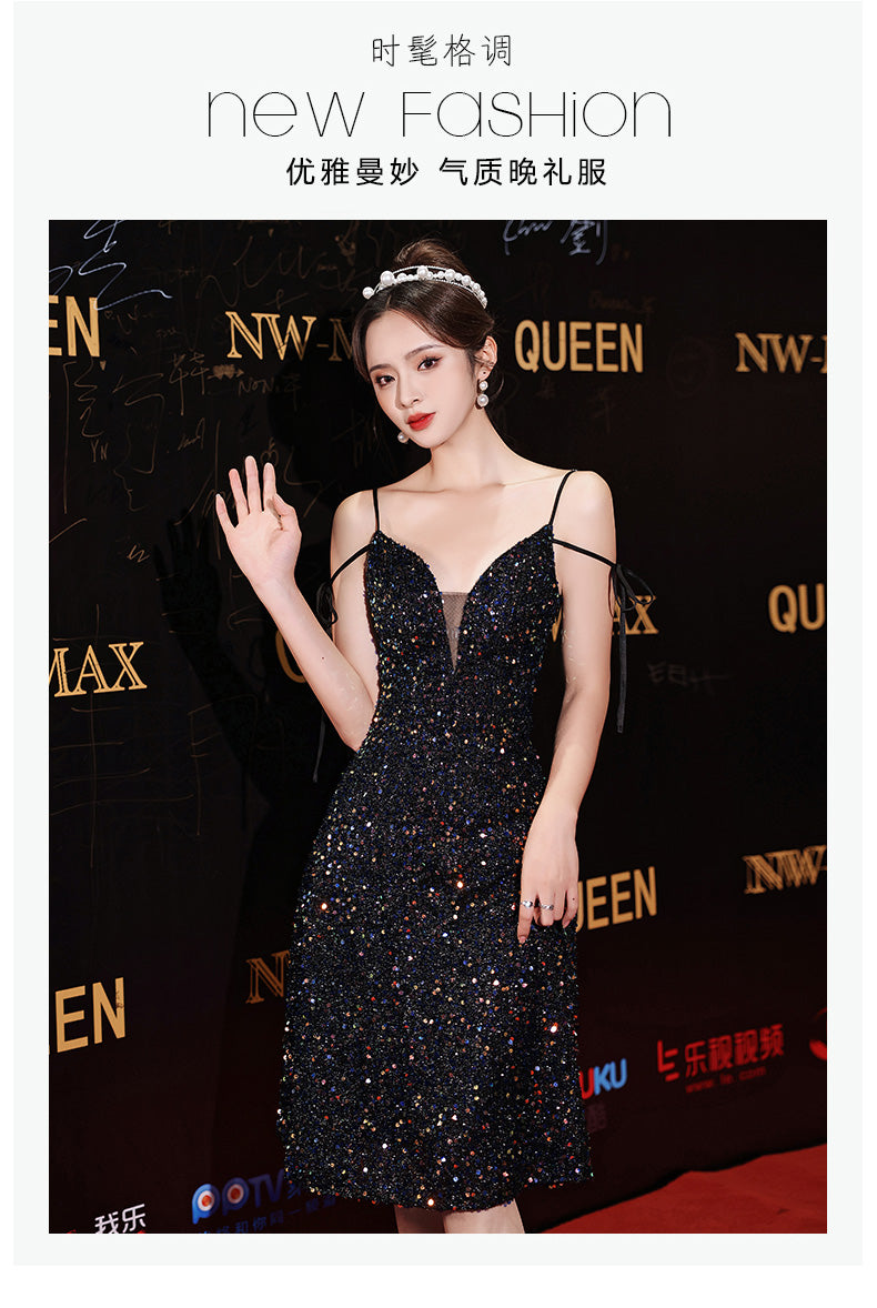 Women's Black Evening Dress New 2024 Design High-End Light Luxury Minority Suspenders Annual Party Dress