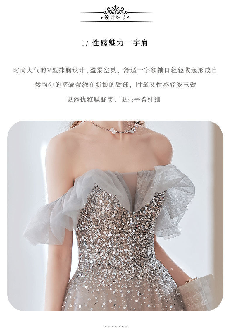 Temperament Banquet Evening Dress for Women 2024 New Autumn Bridal off-Shoulder Gray Elegant Dress for Host