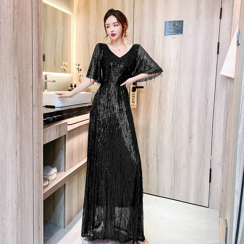 Starry Evening Dress Dignified Temperament Bride Toast Dress V-neck Flared Sleeves Sequined Tassel Slimming Long Dress Women