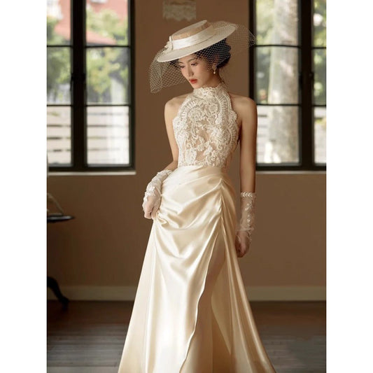 Korean Style Light Wedding Dress 2024 New Super Mori Bride Wedding Veil Temperament Entry Lux High-End Lace Satin Dress