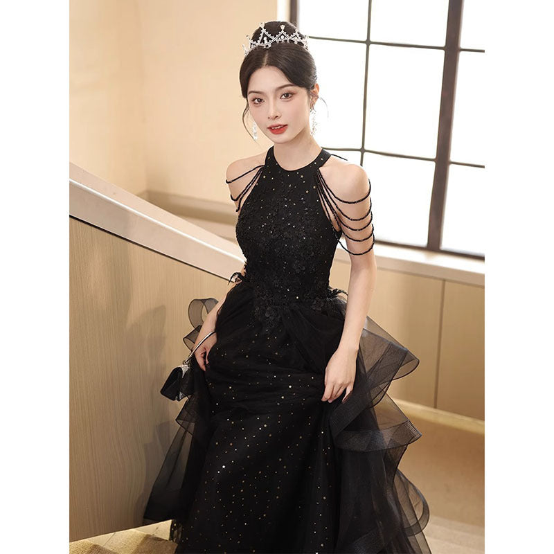 Black Evening Dress 2024 New Banquet Dinner Party Welcome Dress Elegant Host Elegant French Evening Dress for Women