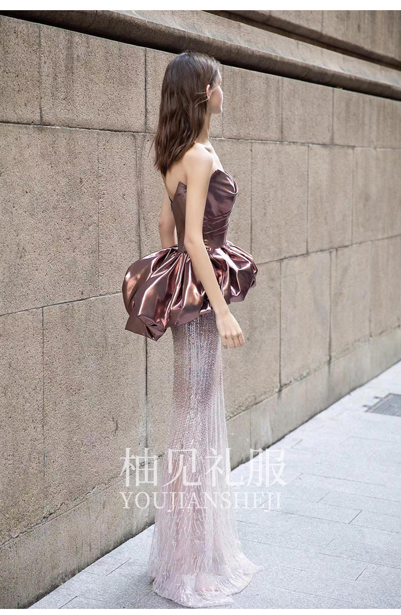 Fishtail Evening Dress Women's High-Grade Banquet Temperament Host Tube Top Bride Engagement Dress Toast Dress Autumn