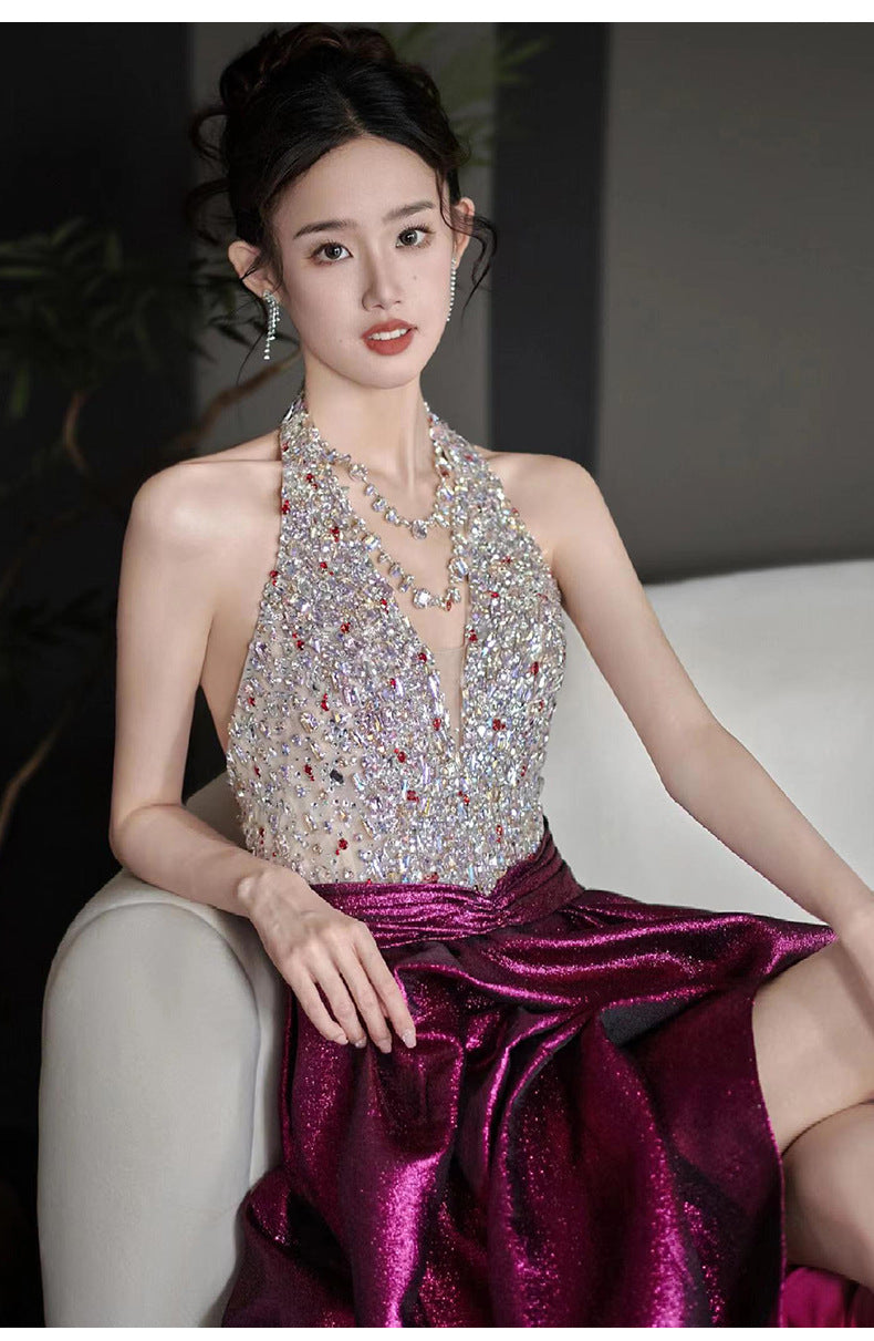 Halter Evening Dress 2024 New High Sense Heavy Industry Beads Banquet Temperament Host Bride Engagement Toast Clothing