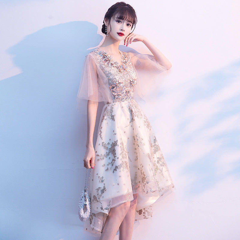 Evening Dress for Women Banquet Temperament Fairy Light Luxury Minority High-End Host Short Front Short Back Length Dress